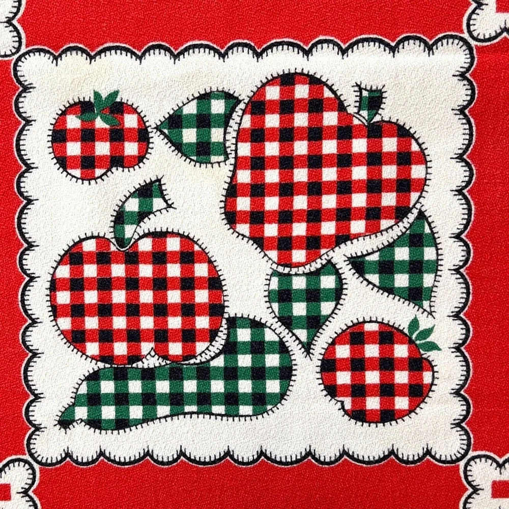 Vintage 50s Farmhouse Tablecloth Floral Gingham Fruit Patchwork 48x60 Retro Red